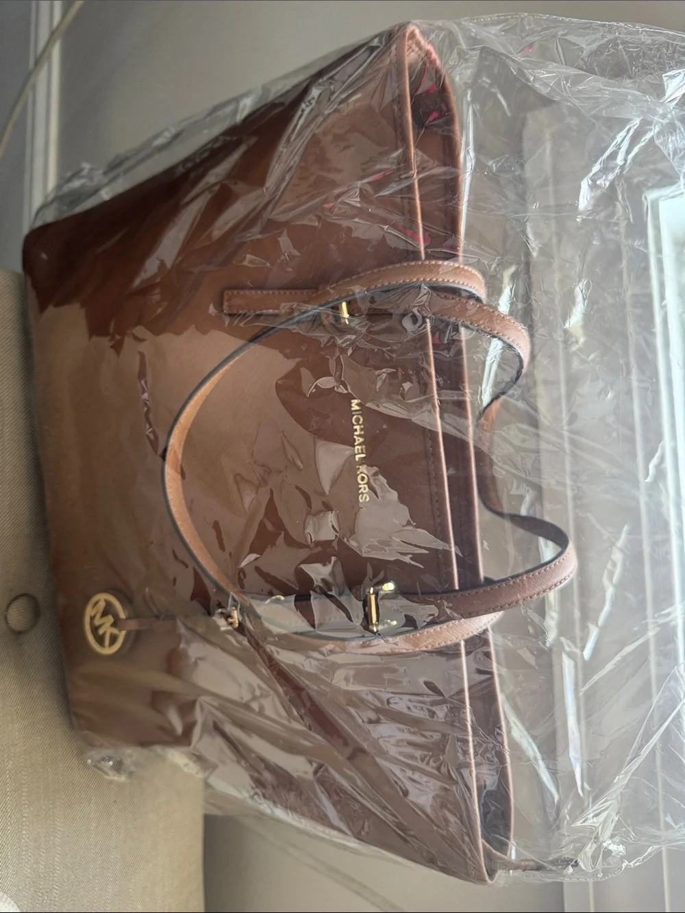 Michael Kors Brown Leather Tote with Gold Logo Charm